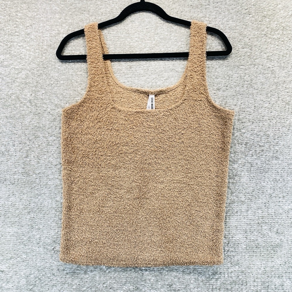 Steve Madden Womens Tan Fuzzy Boucle Knit Scoop Neck Tank Top Size L New #71222